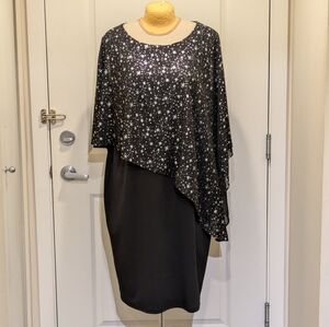 EUC Hanna Nikole 24W Galaxy Star Print Draped Capelet Black and Silver Dress